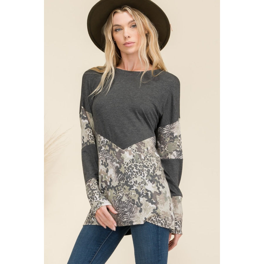 Celeste Full Size Mixed Animal Print Contrast Long Sleeve T-Shirt Charcoal / S Apparel and Accessories