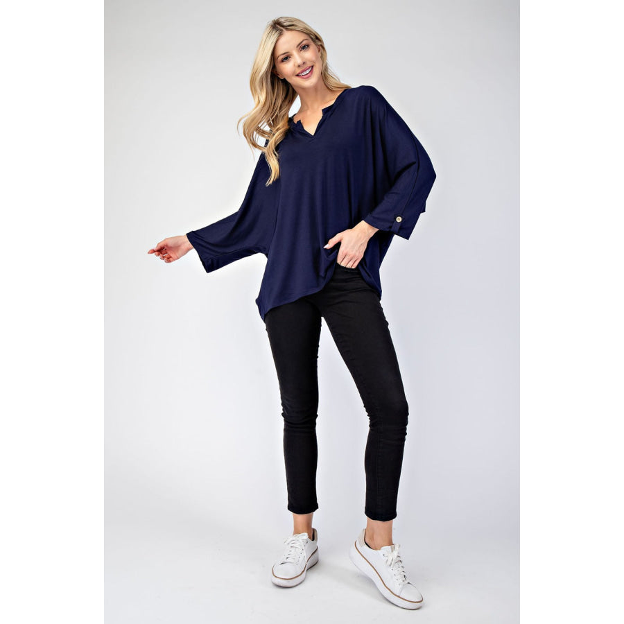 Celeste Full Size Notched Three-Quarter Sleeve Blouse Apparel and Accessories