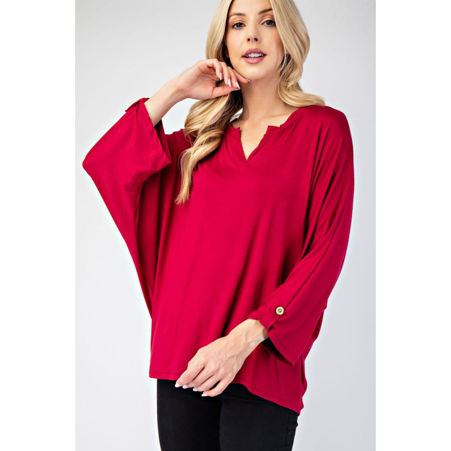 Celeste Full Size Notched Three-Quarter Sleeve Blouse Apparel and Accessories