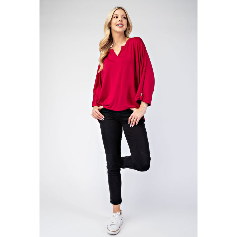 Celeste Full Size Notched Three-Quarter Sleeve Blouse Apparel and Accessories