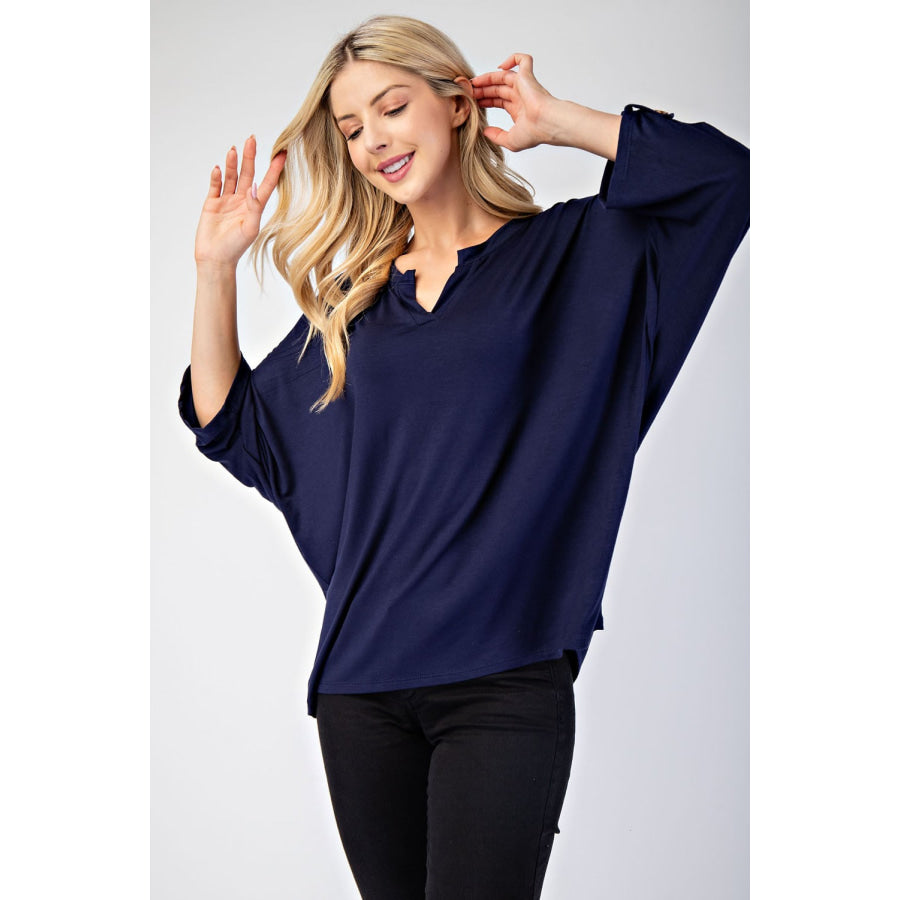 Celeste Full Size Notched Three-Quarter Sleeve Blouse Apparel and Accessories