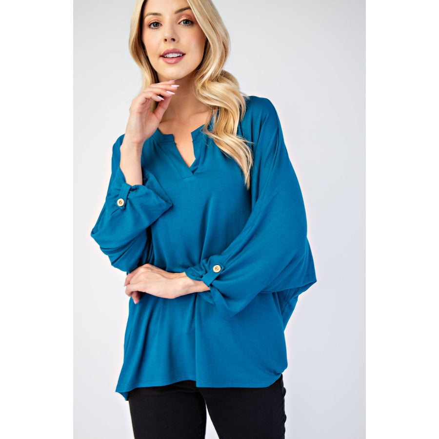 Celeste Full Size Notched Three-Quarter Sleeve Blouse Apparel and Accessories