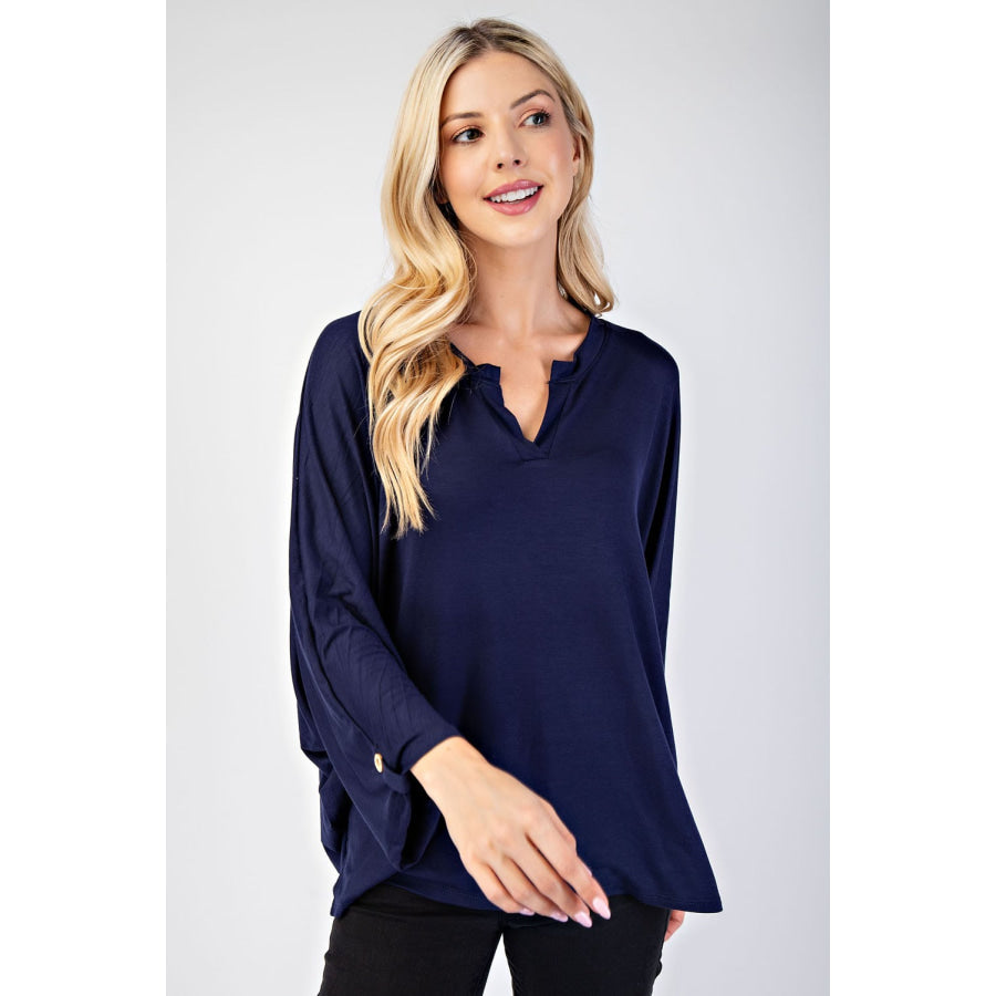 Celeste Full Size Notched Three-Quarter Sleeve Blouse Apparel and Accessories