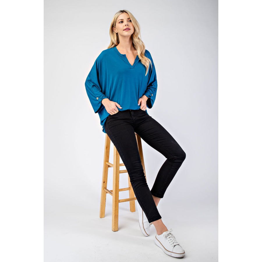 Celeste Full Size Notched Three-Quarter Sleeve Blouse Apparel and Accessories