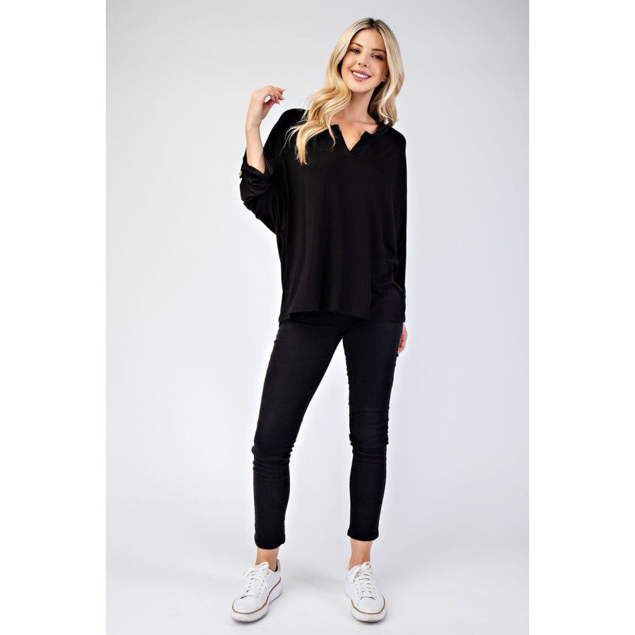 Celeste Full Size Notched Three-Quarter Sleeve Blouse Apparel and Accessories