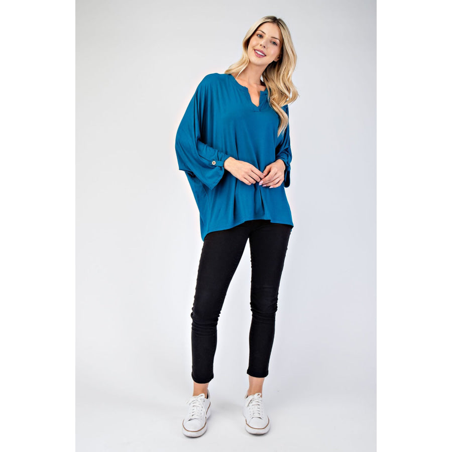 Celeste Full Size Notched Three-Quarter Sleeve Blouse Apparel and Accessories