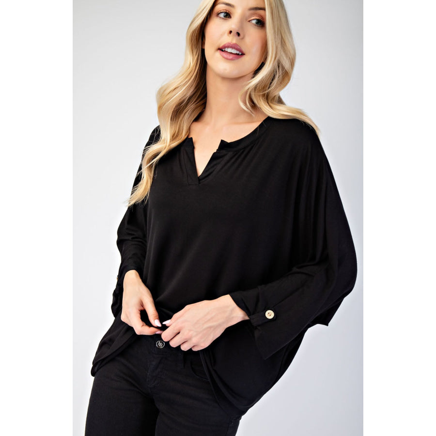 Celeste Full Size Notched Three-Quarter Sleeve Blouse Black / S Apparel and Accessories