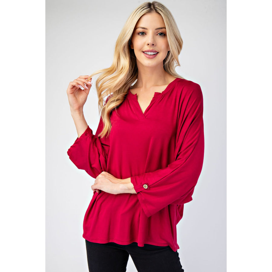 Celeste Full Size Notched Three-Quarter Sleeve Blouse Burgundy / S Apparel and Accessories