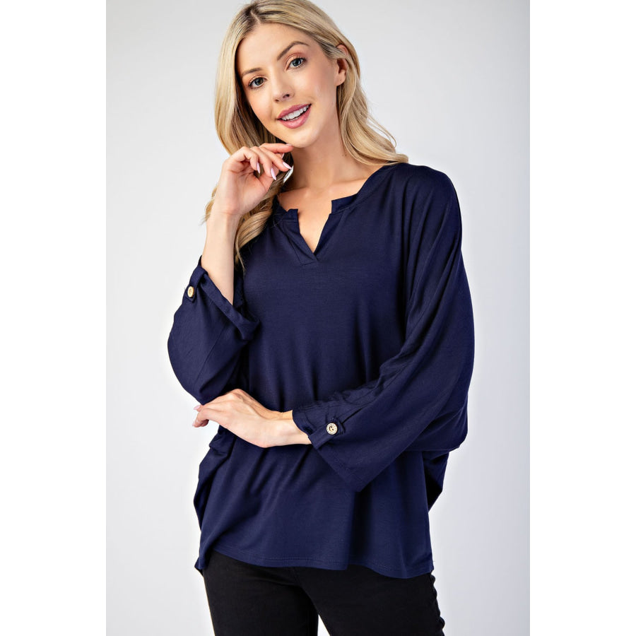 Celeste Full Size Notched Three-Quarter Sleeve Blouse Navy / S Apparel and Accessories