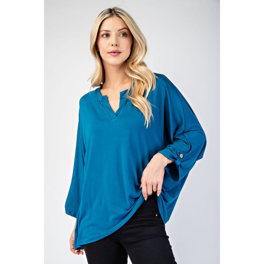 Celeste Full Size Notched Three-Quarter Sleeve Blouse Teal / S Apparel and Accessories