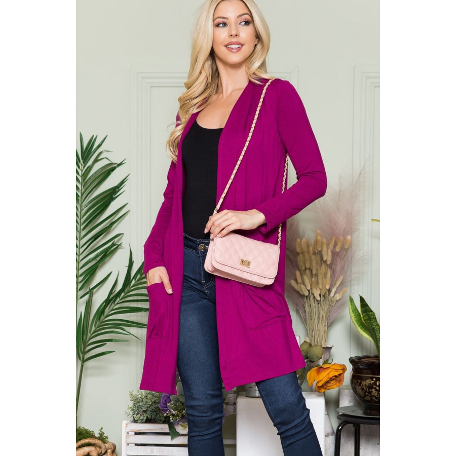 Celeste Full Size Open Front Cardigan with Pockets Magenta / S Apparel and Accessories