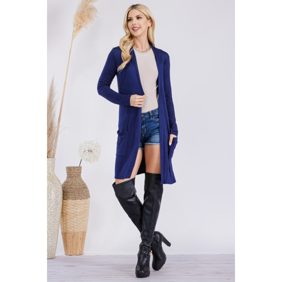 Celeste Full Size Open Front Cardigan with Pockets Navy / S Apparel and Accessories