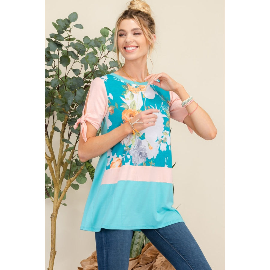 Celeste Full Size Open Tie Sleeve Floral Contrast Top Apparel and Accessories