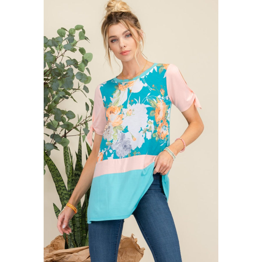 Celeste Full Size Open Tie Sleeve Floral Contrast Top Mint Floral / S Apparel and Accessories