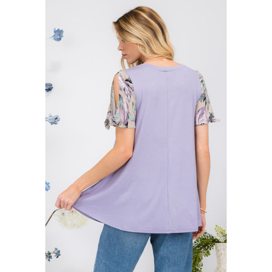 Celeste Full Size Open Tie Sleeve Round Neck Blouse Apparel and Accessories