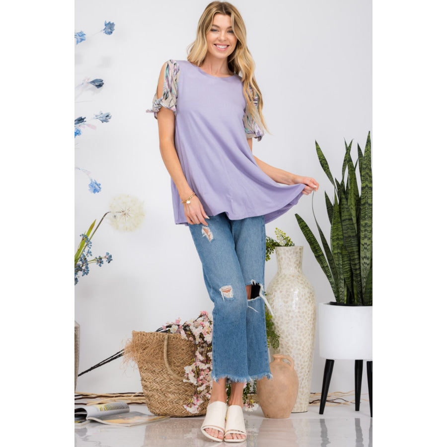 Celeste Full Size Open Tie Sleeve Round Neck Blouse Apparel and Accessories