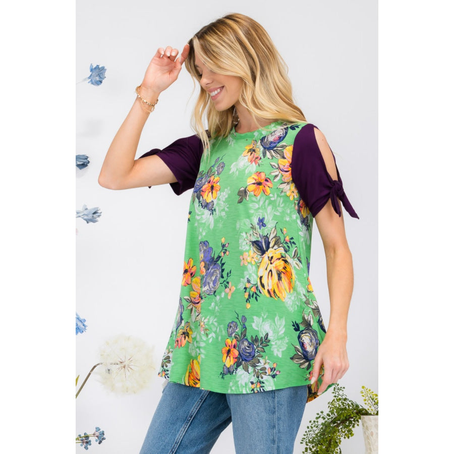Celeste Full Size Open Tie Sleeve Round Neck Floral Blouse Apparel and Accessories
