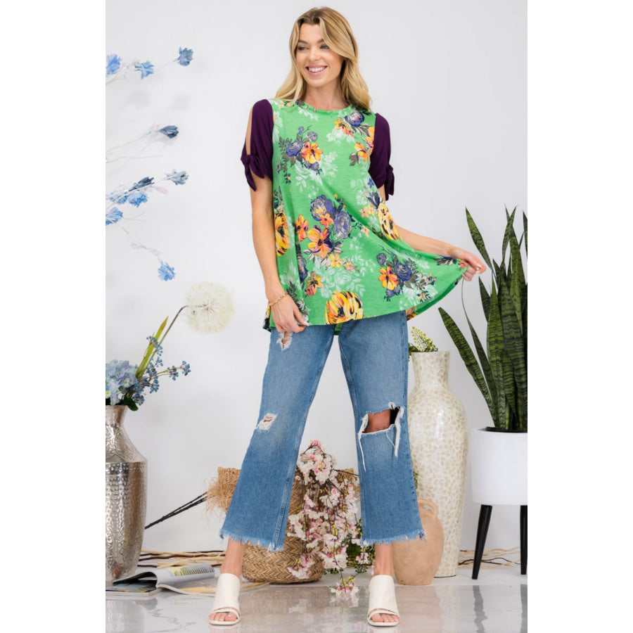Celeste Full Size Open Tie Sleeve Round Neck Floral Blouse Apparel and Accessories