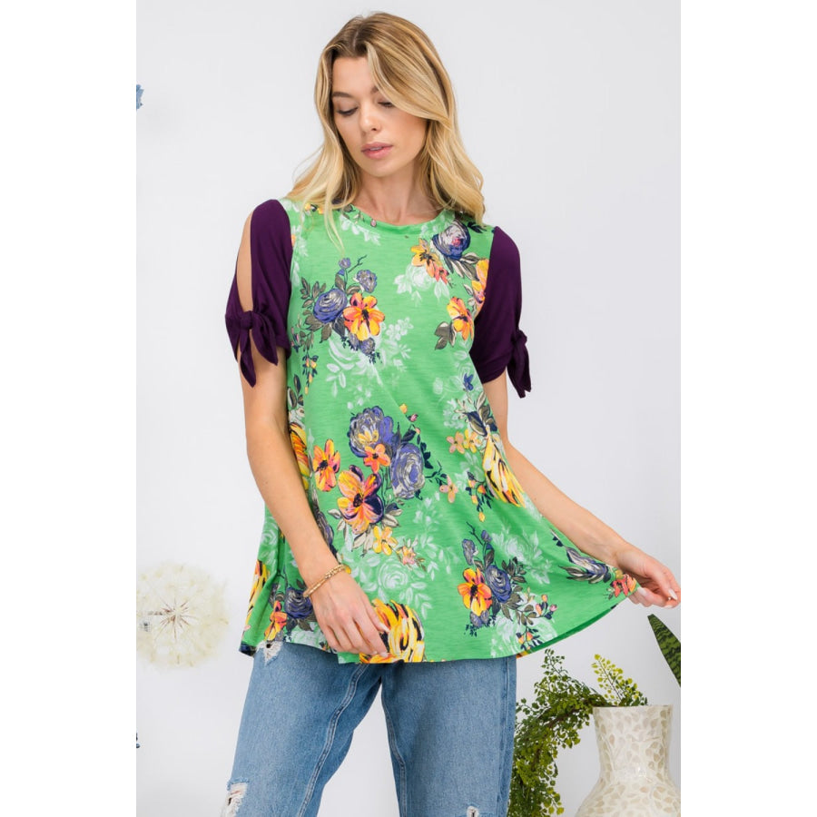 Celeste Full Size Open Tie Sleeve Round Neck Floral Blouse Green / S Apparel and Accessories