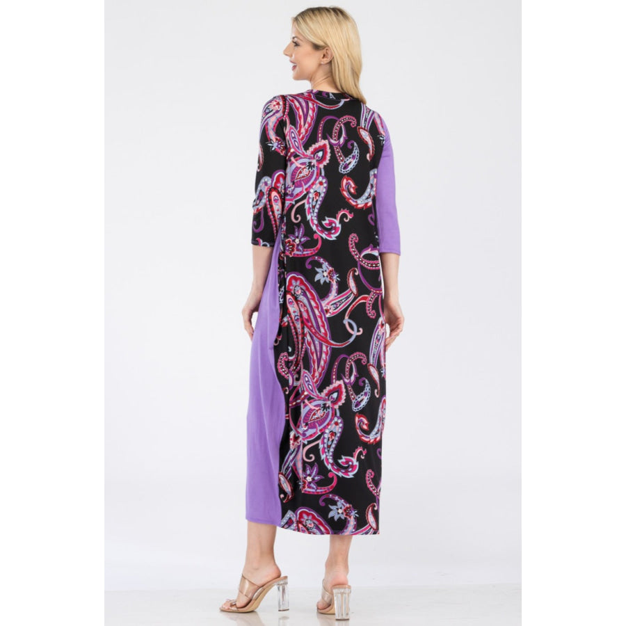 Celeste Full Size Paisley Contrast Midi Dress with Pockets Apparel and Accessories