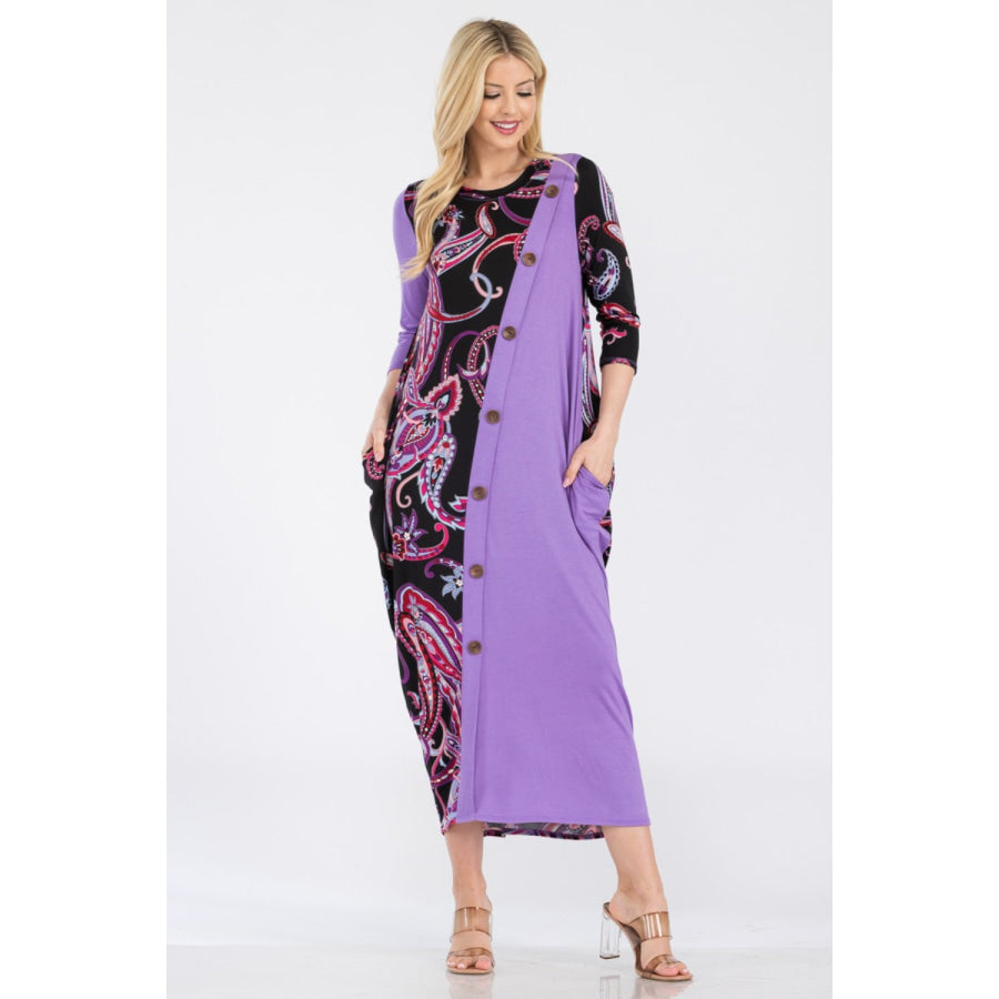 Celeste Full Size Paisley Contrast Midi Dress with Pockets Apparel and Accessories