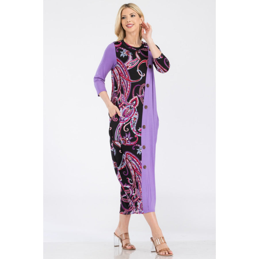 Celeste Full Size Paisley Contrast Midi Dress with Pockets Apparel and Accessories