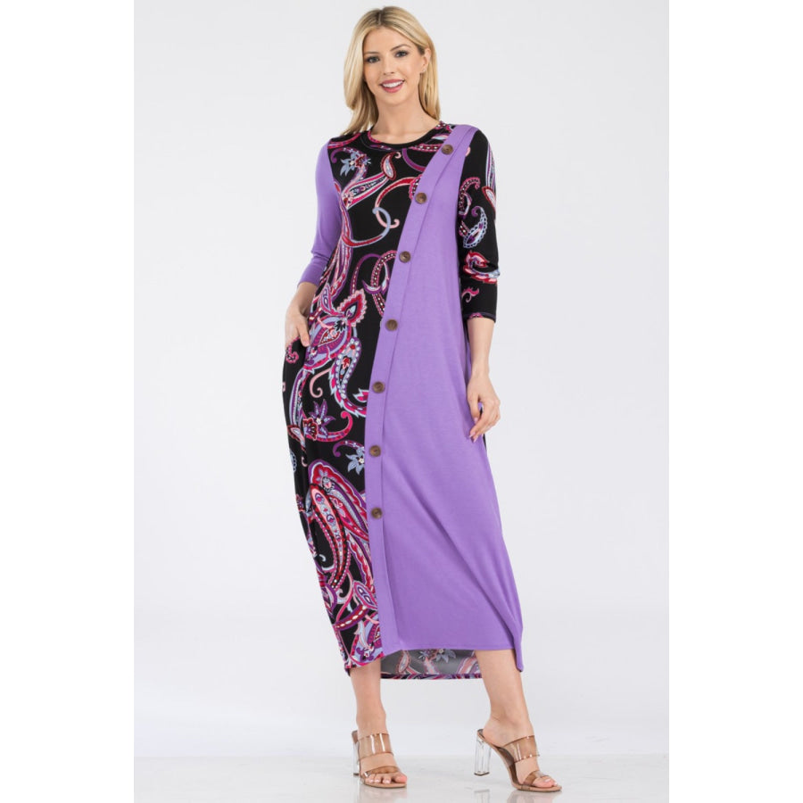 Celeste Full Size Paisley Contrast Midi Dress with Pockets Apparel and Accessories