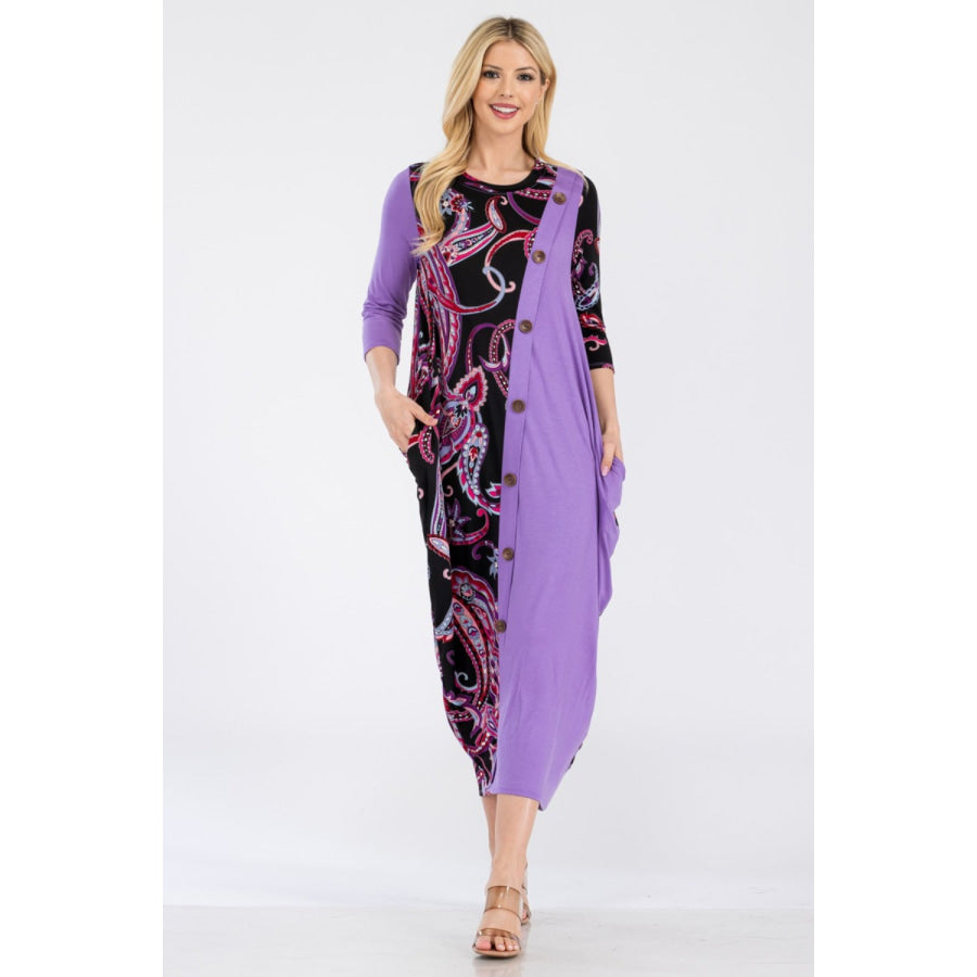 Celeste Full Size Paisley Contrast Midi Dress with Pockets Lilac / S Apparel and Accessories