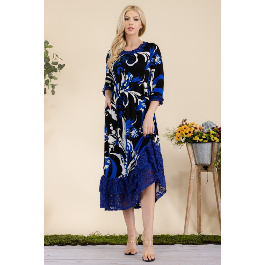 Celeste Full Size Paisley Print Lace Ruffled Midi Dress Apparel and Accessories