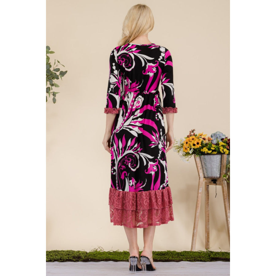 Celeste Full Size Paisley Print Lace Ruffled Midi Dress Fuchsia / S Apparel and Accessories