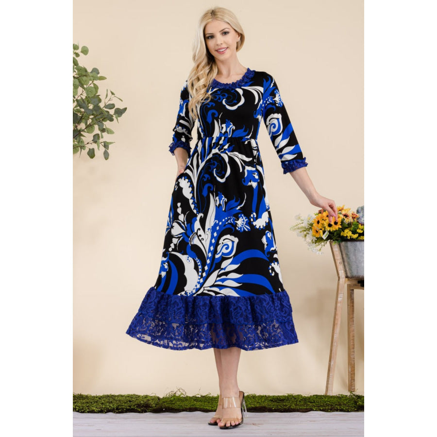 Celeste Full Size Paisley Print Lace Ruffled Midi Dress Apparel and Accessories