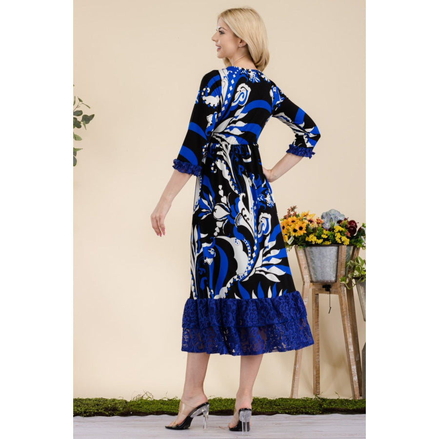 Celeste Full Size Paisley Print Lace Ruffled Midi Dress Royal / S Apparel and Accessories