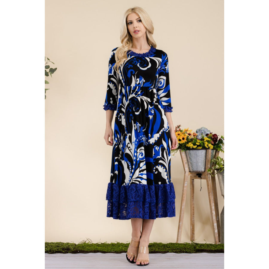 Celeste Full Size Paisley Print Lace Ruffled Midi Dress Apparel and Accessories