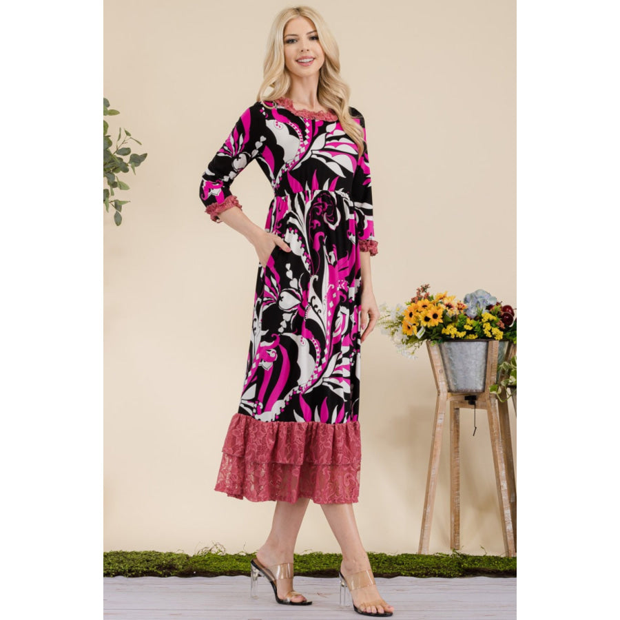 Celeste Full Size Paisley Print Lace Ruffled Midi Dress Apparel and Accessories