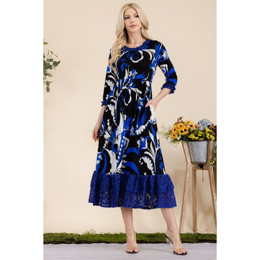 Celeste Full Size Paisley Print Lace Ruffled Midi Dress Royal / S Apparel and Accessories