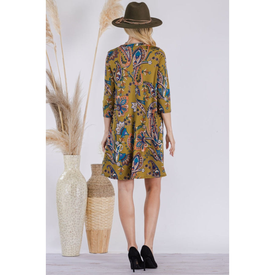 Celeste Full Size Paisley Print Round Neck Dress with Pockets Apparel and Accessories