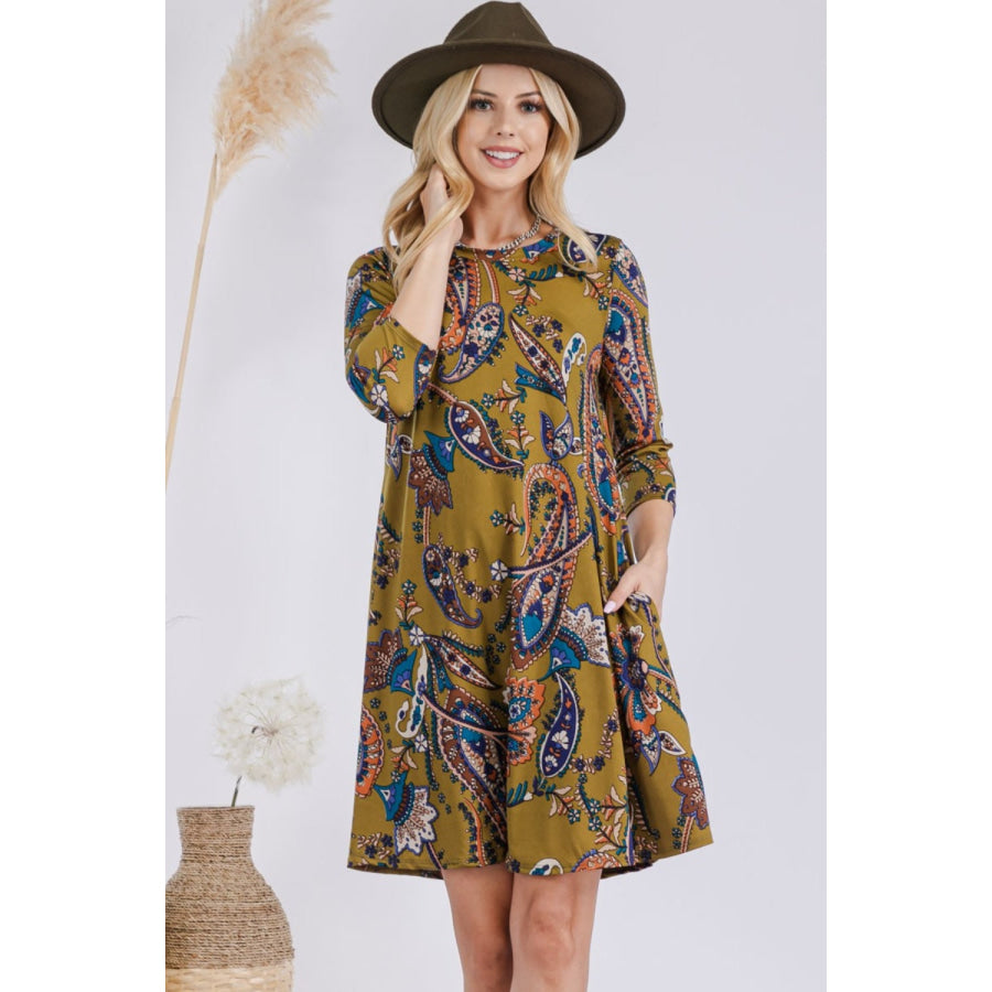 Celeste Full Size Paisley Print Round Neck Dress with Pockets Apparel and Accessories