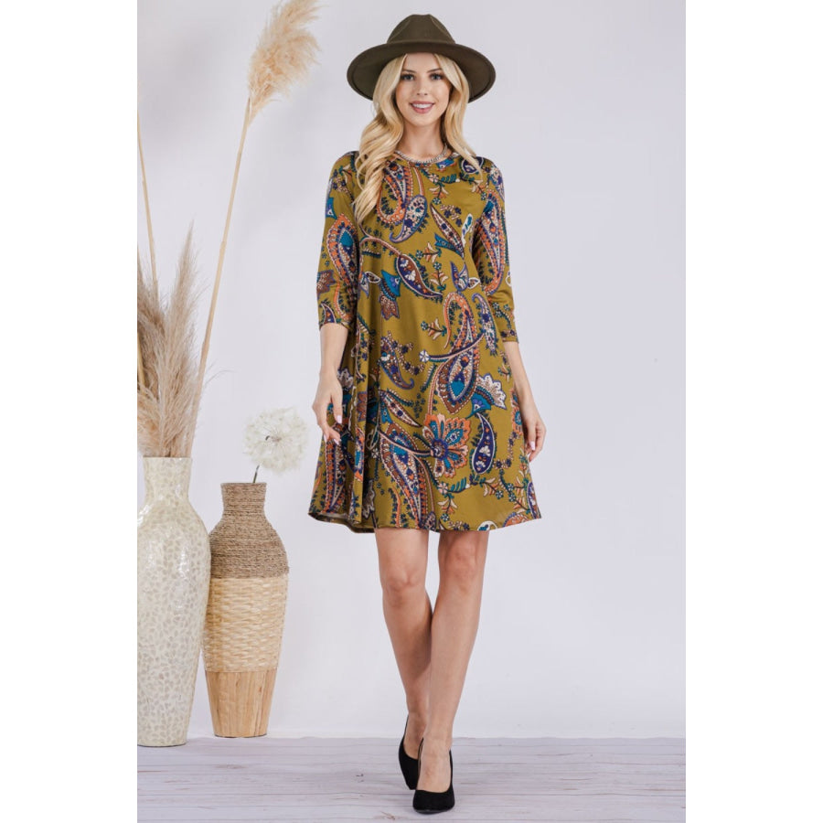 Celeste Full Size Paisley Print Round Neck Dress with Pockets Olive Paisley / S Apparel and Accessories