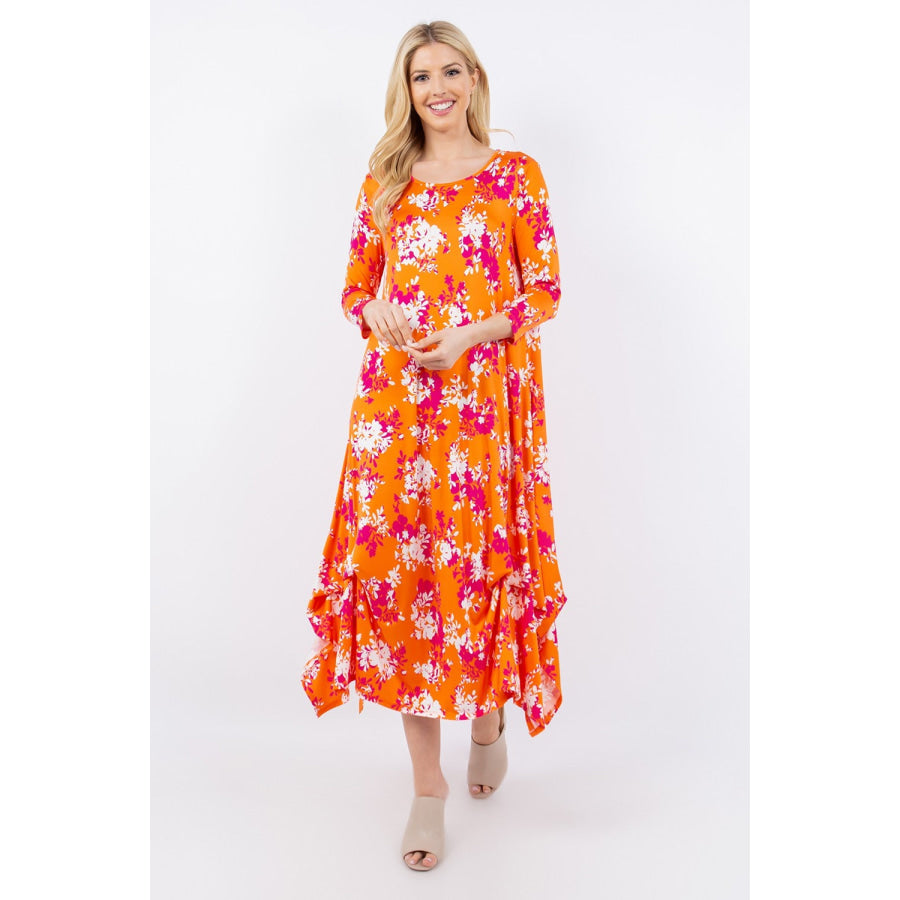 Celeste Full Size Pick-Up Hem Asymmetric Floral Midi Dress Apparel and Accessories