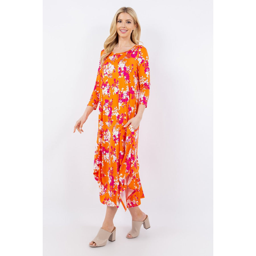 Celeste Full Size Pick-Up Hem Asymmetric Floral Midi Dress Apparel and Accessories