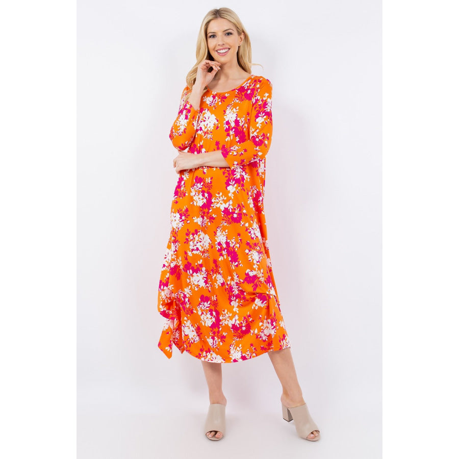 Celeste Full Size Pick-Up Hem Asymmetric Floral Midi Dress Orange Floral / S Apparel and Accessories