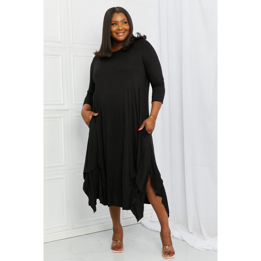 Celeste Full Size Pick-up Hem Asymmetric Midi Dress Black / S Apparel and Accessories