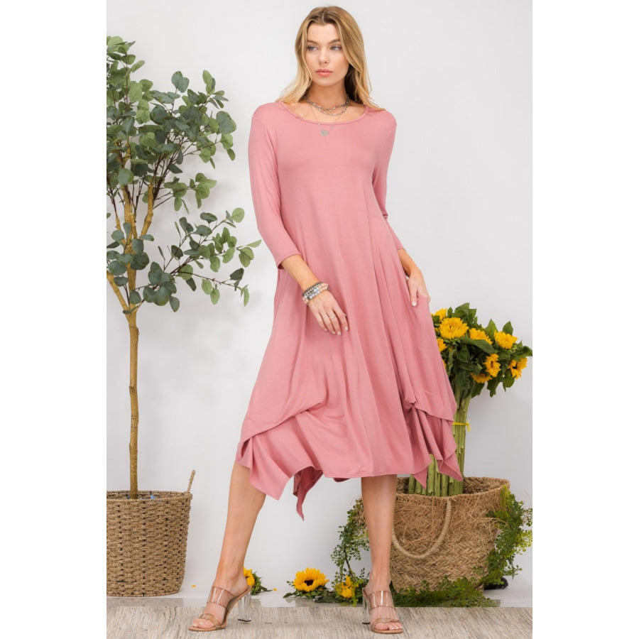 Celeste Full Size Pick-up Hem Asymmetric Midi Dress Cinnamon / S Apparel and Accessories