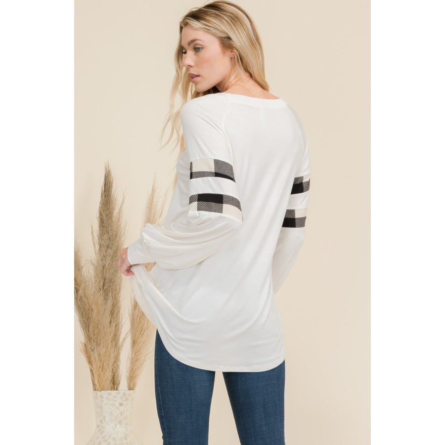 Celeste Full Size Plaid Detail Long Sleeve T-Shirt Ivory / S Apparel and Accessories