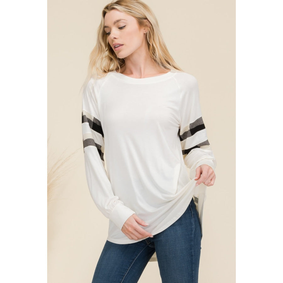 Celeste Full Size Plaid Detail Long Sleeve T-Shirt Ivory / S Apparel and Accessories