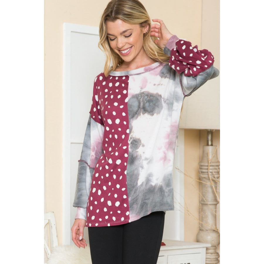 Celeste Full Size Polka Dot and Tie Dye Vertical Contrast Exposed Seam T-Shirt Apparel and Accessories