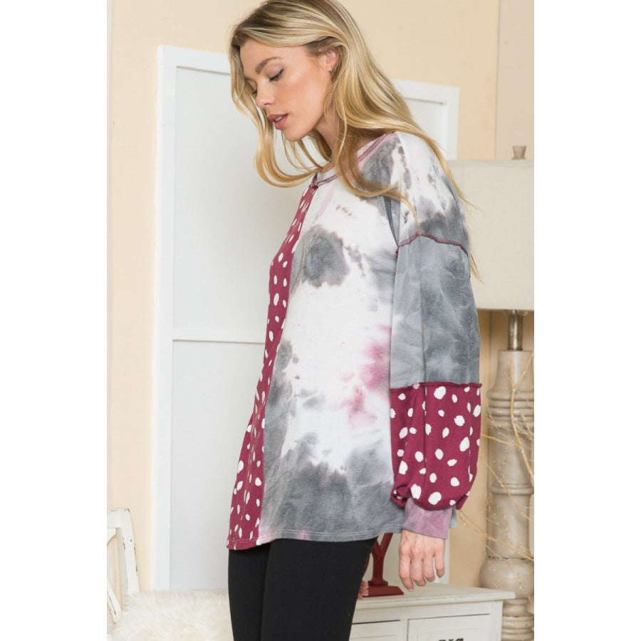 Celeste Full Size Polka Dot and Tie Dye Vertical Contrast Exposed Seam T-Shirt Apparel and Accessories