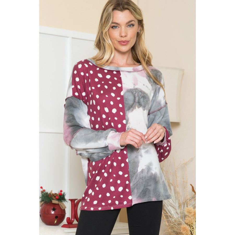 Celeste Full Size Polka Dot and Tie Dye Vertical Contrast Exposed Seam T-Shirt Grey/Burgundy / S Apparel and Accessories