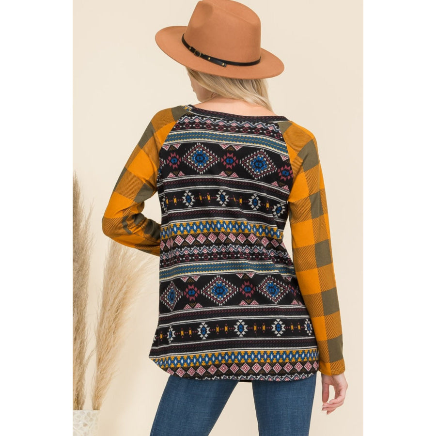 Celeste Full Size Print Contrast Plaid Long Sleeve T-Shirt Apparel and Accessories