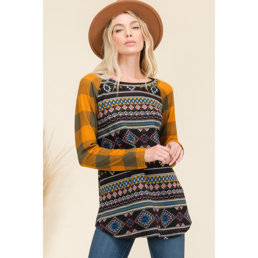 Celeste Full Size Print Contrast Plaid Long Sleeve T-Shirt Apparel and Accessories